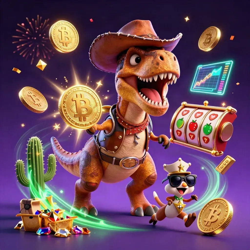 Cowboy T-Rex, cactus sidekick, and roadrunner burst through neon casino treasure and gems