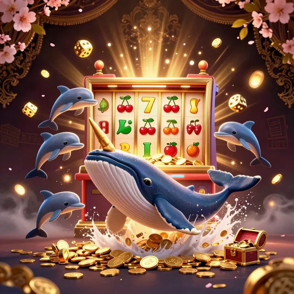 Whale captain, narwhal, dolphins, gold burst, slot machine, treasure, emerald glow