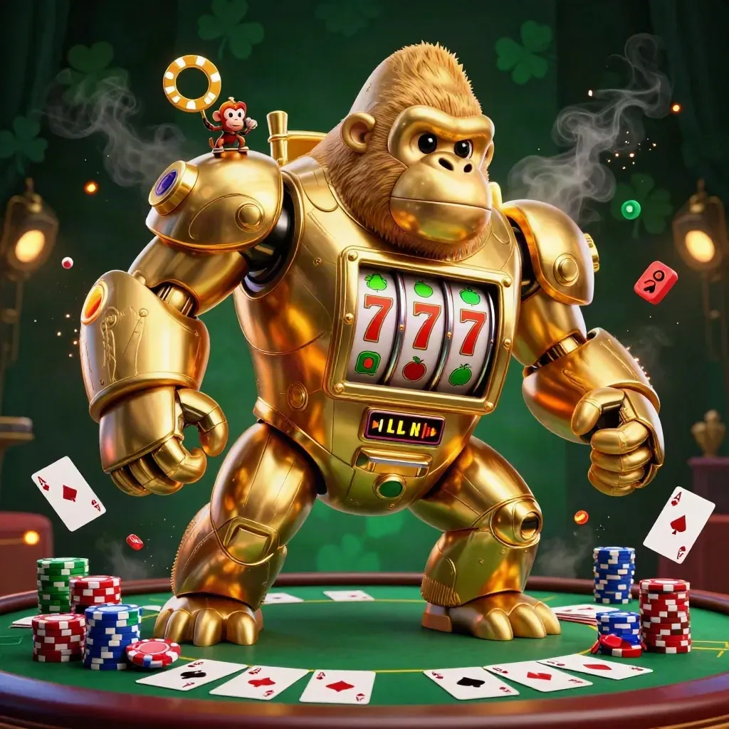 Golden gorilla mech with monkey pilot amid poker chips, cards, and glowing casino effects.