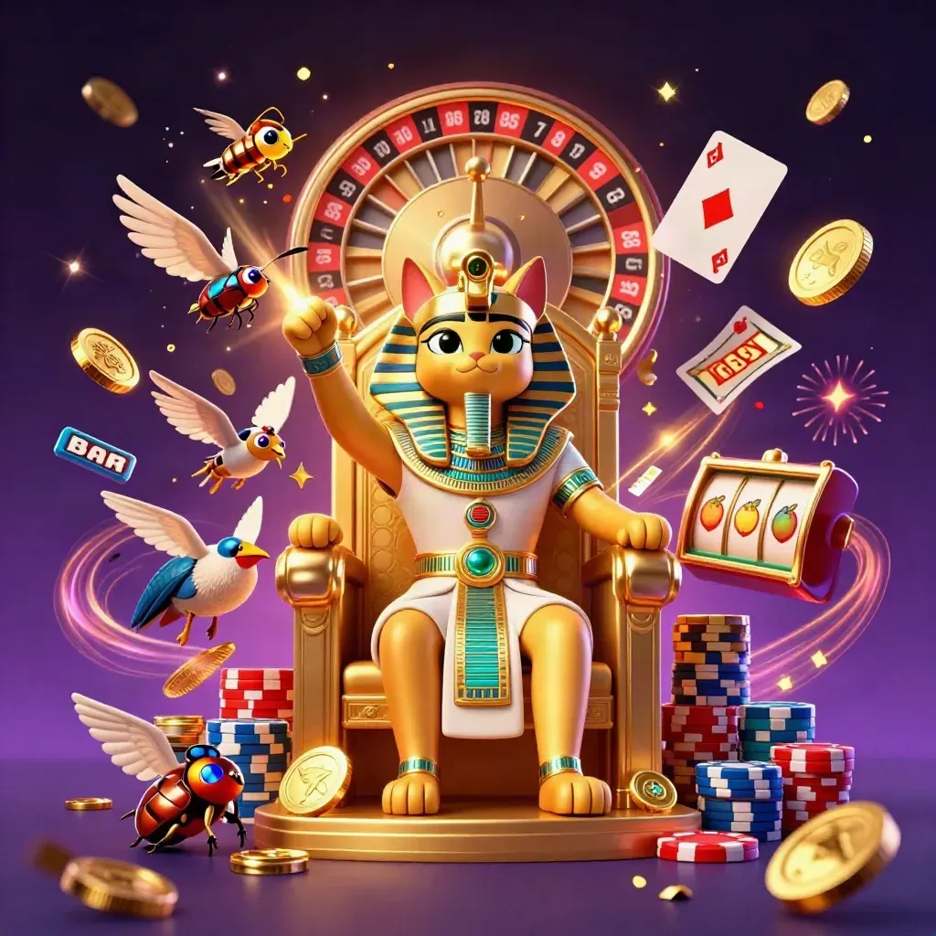 Pharaoh cat, ibis scribe, and gem-wing scarabs amid gold coins, cards, chips, and a spinning wheel.