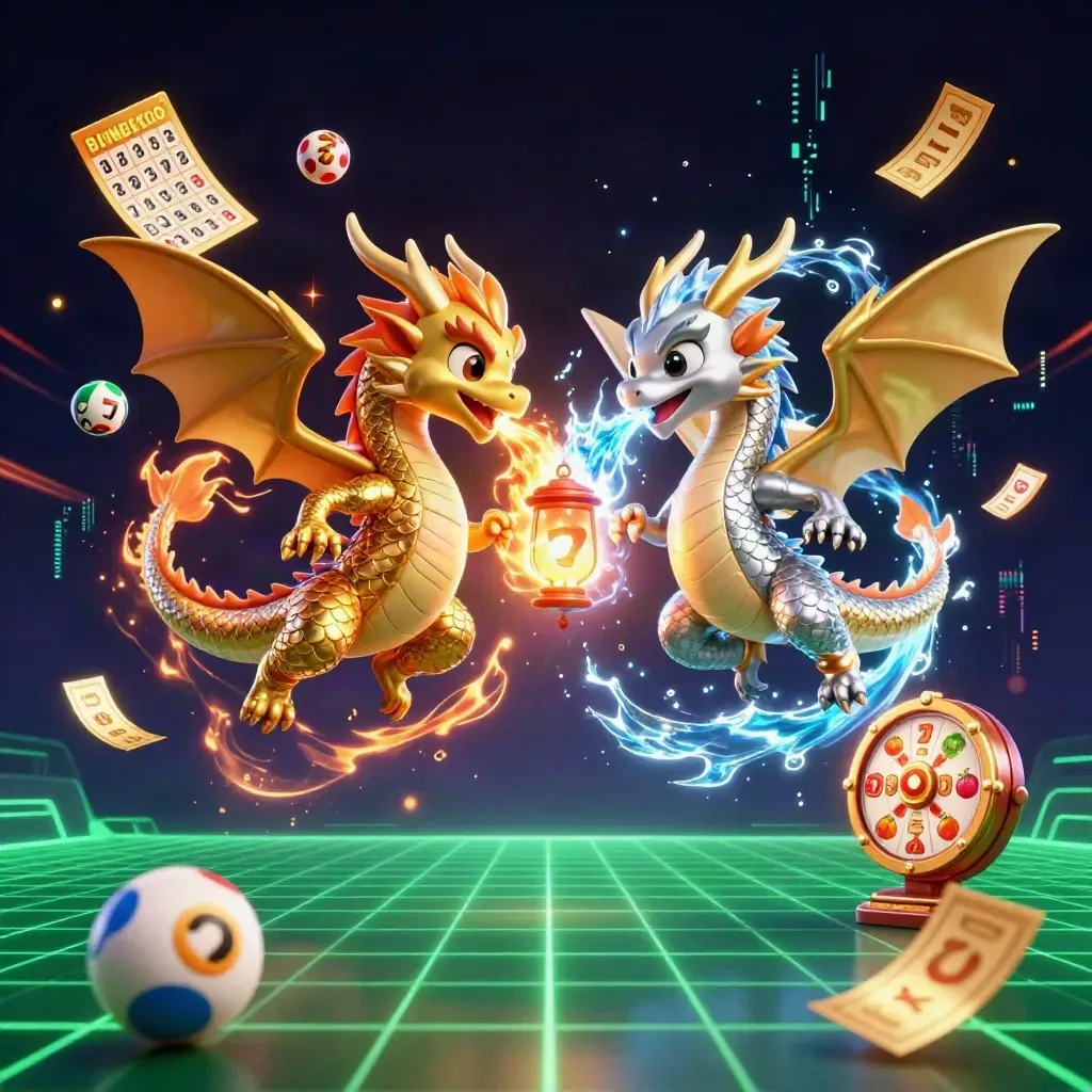 Gold and silver dragons spiral in a neon casino blast with treasure icons and energy.