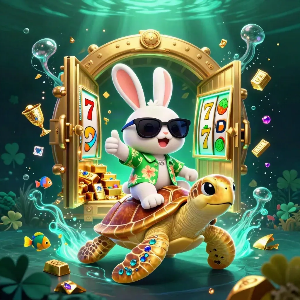 Lucky rabbit rides a jeweled sea turtle as a vault explodes with gold and gems
