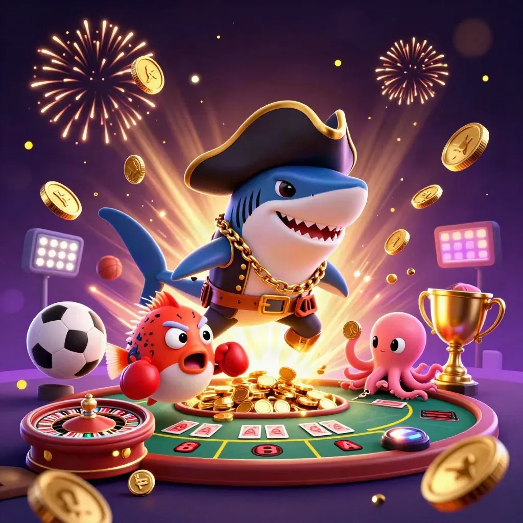 Shark pirate, boxing pufferfish, and coin-juggling baby octopus amid casino treasure and fireworks.