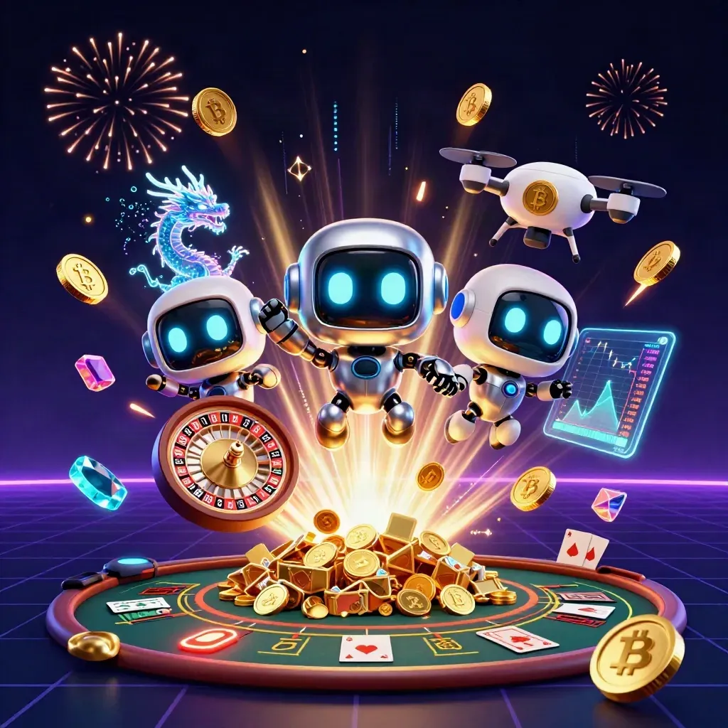 Cyberpunk robot, holographic dragon, and drone amid bursting coins, neon roulette, and casino lights.