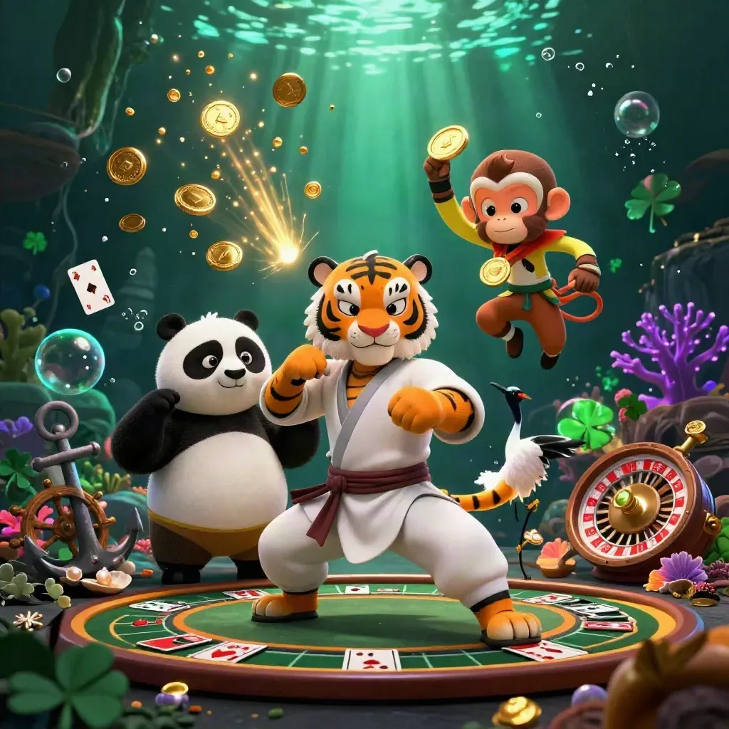 Tiger, panda, and monkey in a gold-coin underwater casino cove with roulette and treasure.