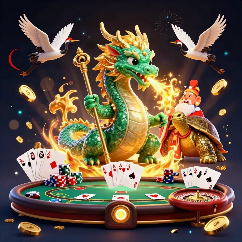 Emerald dragon, turtle sage, and cranes burst from a treasure vault amid casino coins and cards.