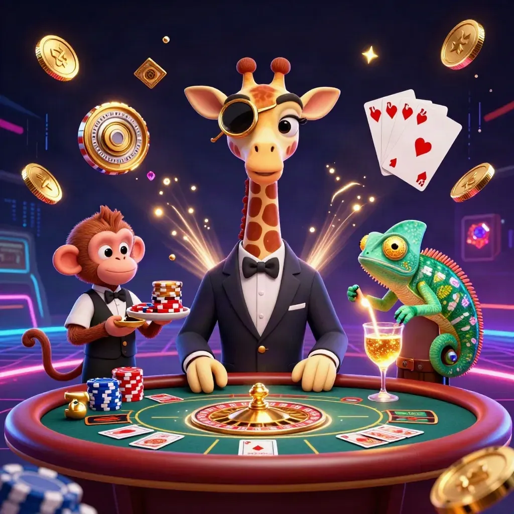 Giraffe, monkey and chameleon in a luxe casino splash with coins, chips, cards and neon glow.