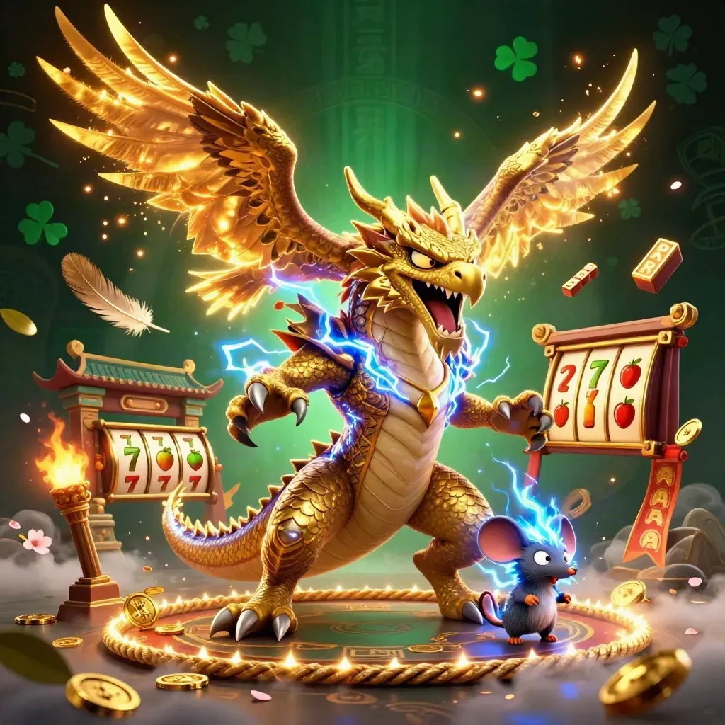 Thunder dragon with hawk and mouse amid casino relics, lightning, reels, and emerald-gold glow.
