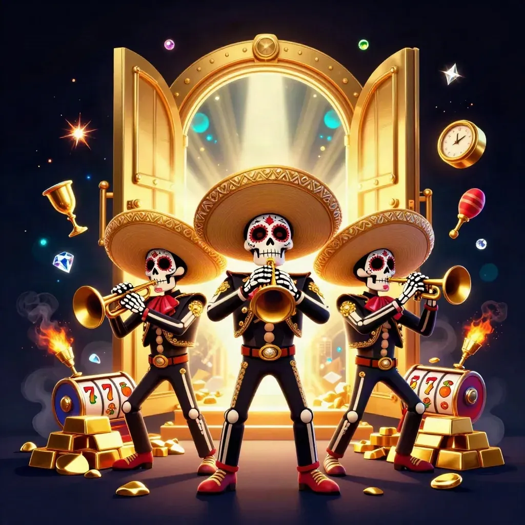 Three festive skeleton mariachis with a glowing vault, gold, gems, and slot reels on a dark navy background.