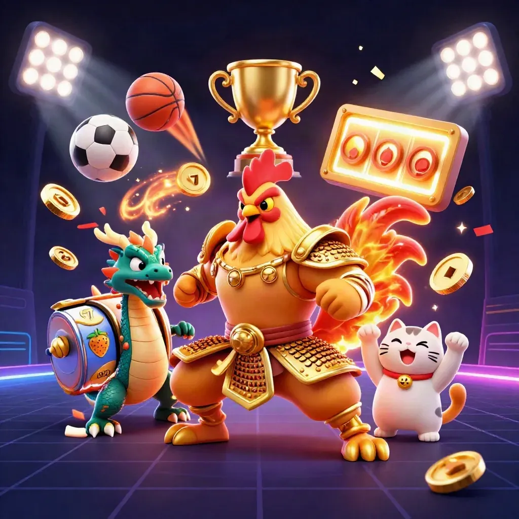 Rooster warrior, dragon hatchling, and lucky cat amid casino sparks, reels, coins, and floodlights