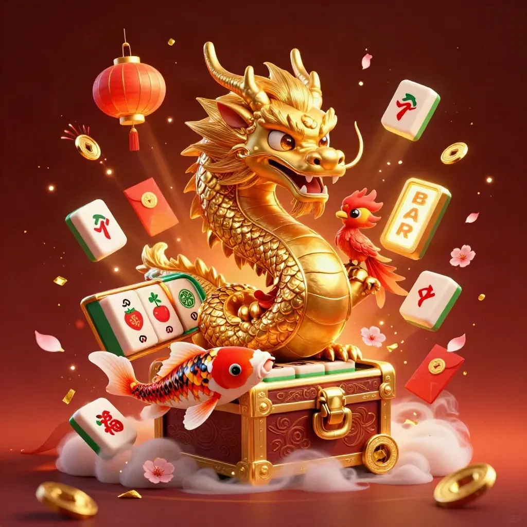 Golden dragon, phoenix, and koi amid casino lucky symbols on a glowing crimson background.