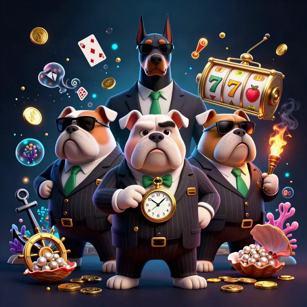 Boss bulldog and two Dobermans amid casino treasure, reels, coins, and glowing underwater effects.