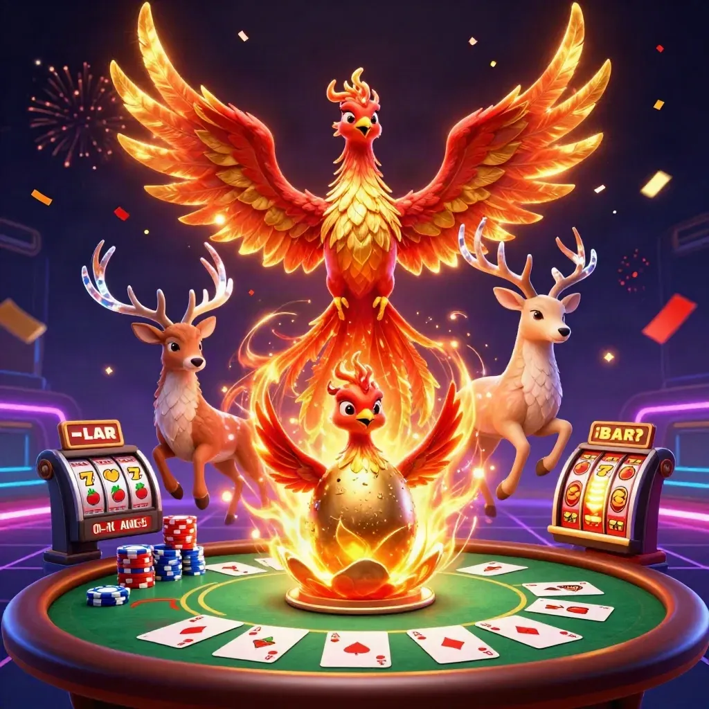 Phoenix, hatching chick, and crystal stag amid casino chips on a dark neon grid.