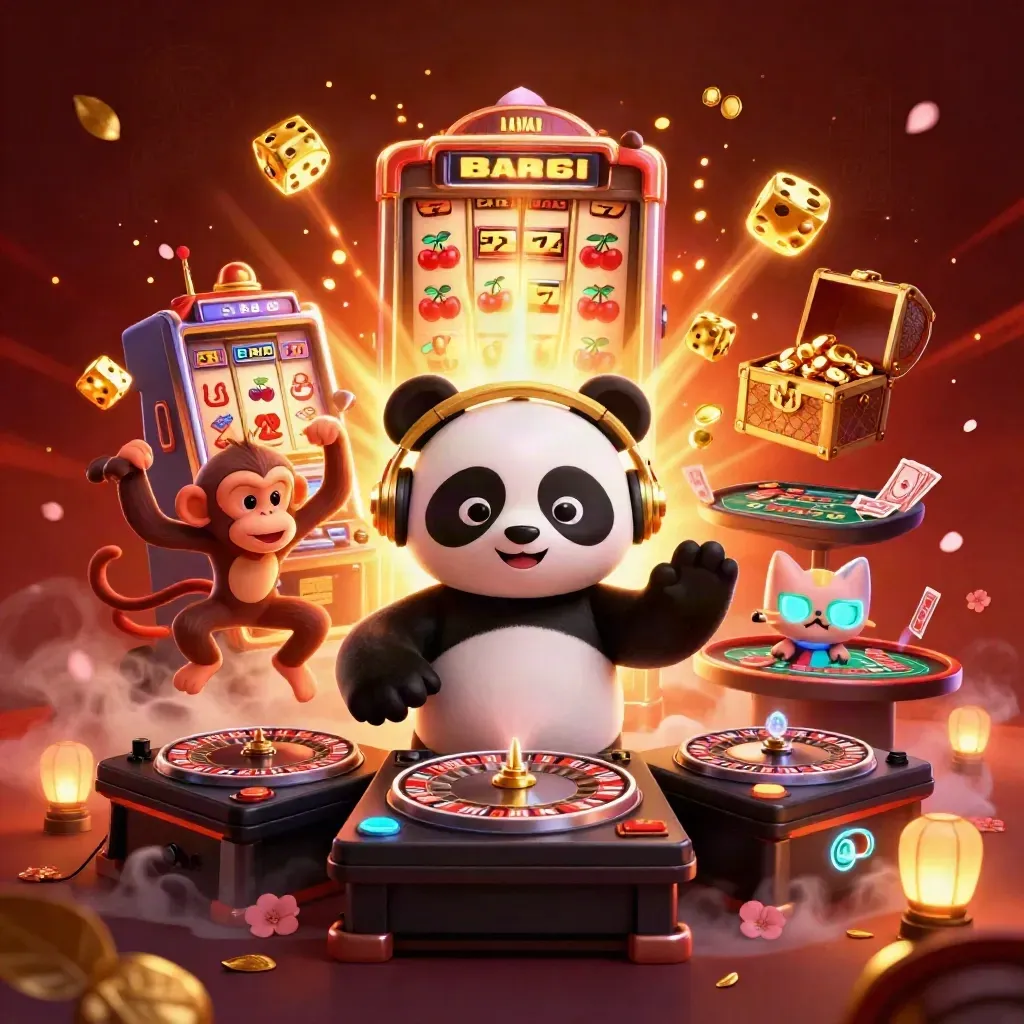 Panda DJ, dancing monkey, and neon kitten with casino symbols, jackpot sparks, and gold treasure.