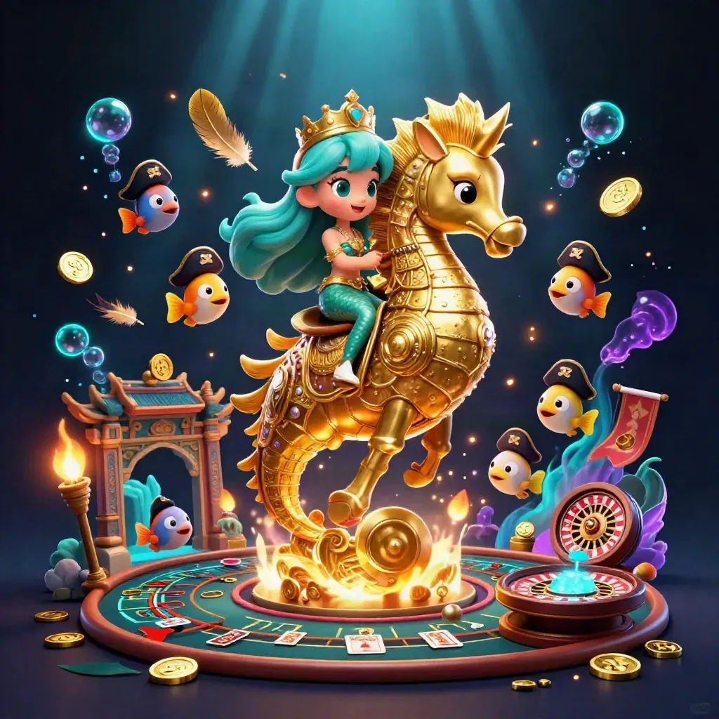 Mermaid princess riding a golden seahorse with pirate fish, casino relics, and neon underwater glow.