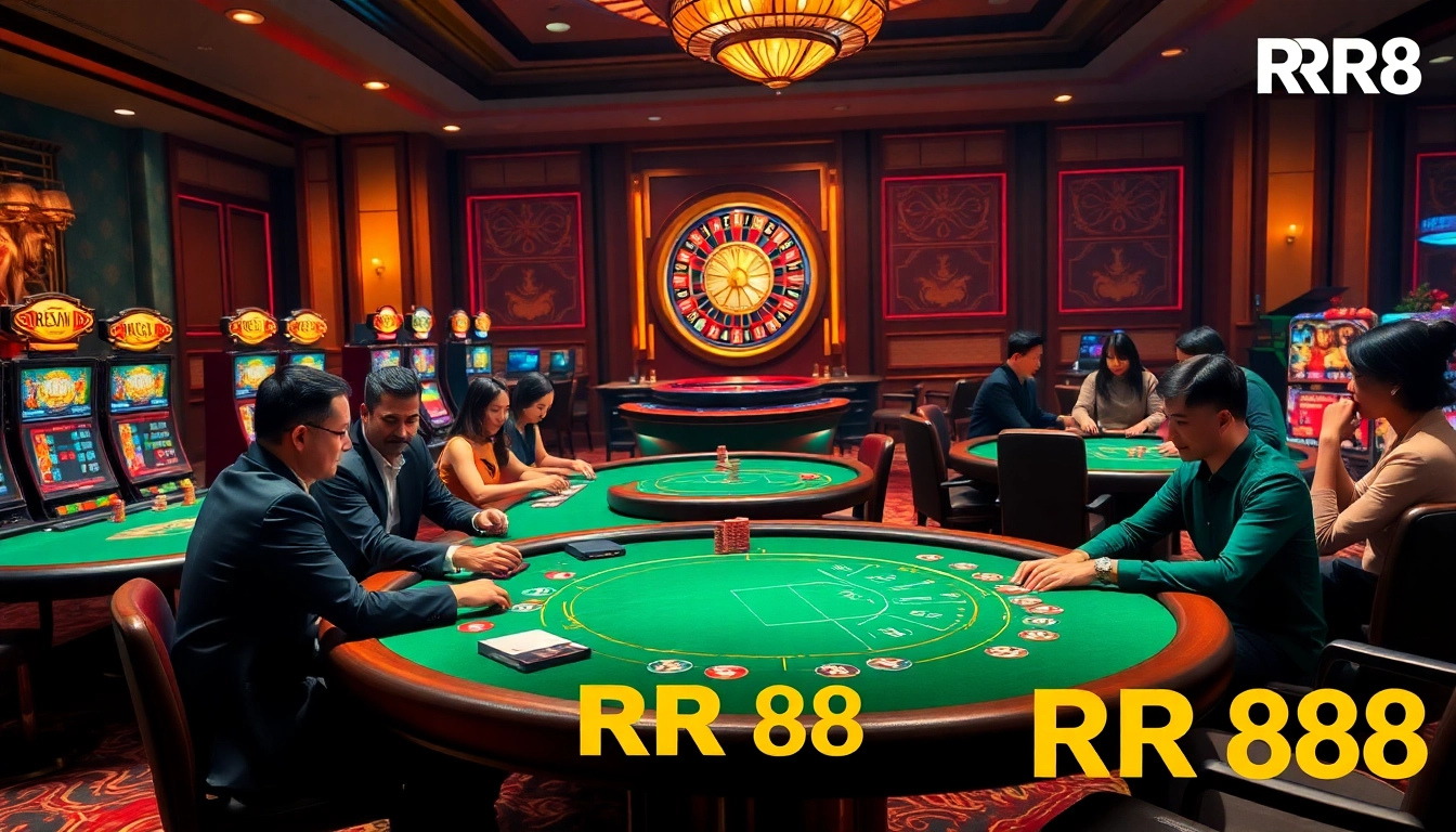 Players enjoying excitement at RR 88's luxurious casino with poker tables and slot machines.