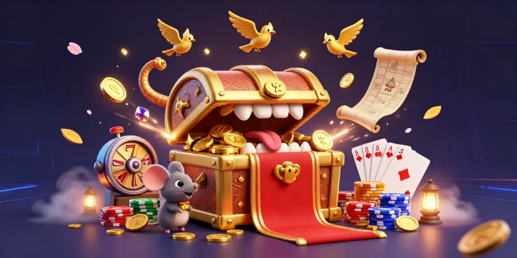 Adventurer mice are lured by a golden treasure chest mimic, surrounded by dynamic slot game elements.