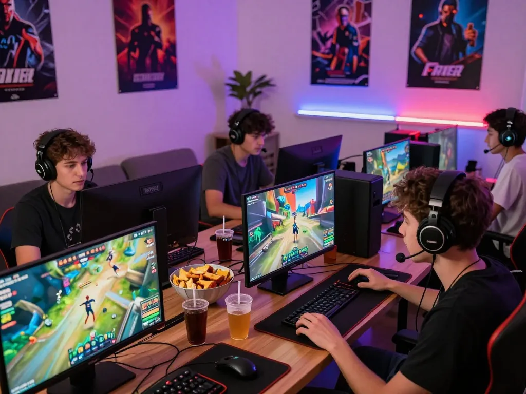 Hoki288 gaming scene with players enjoying various online games in a cozy setting.