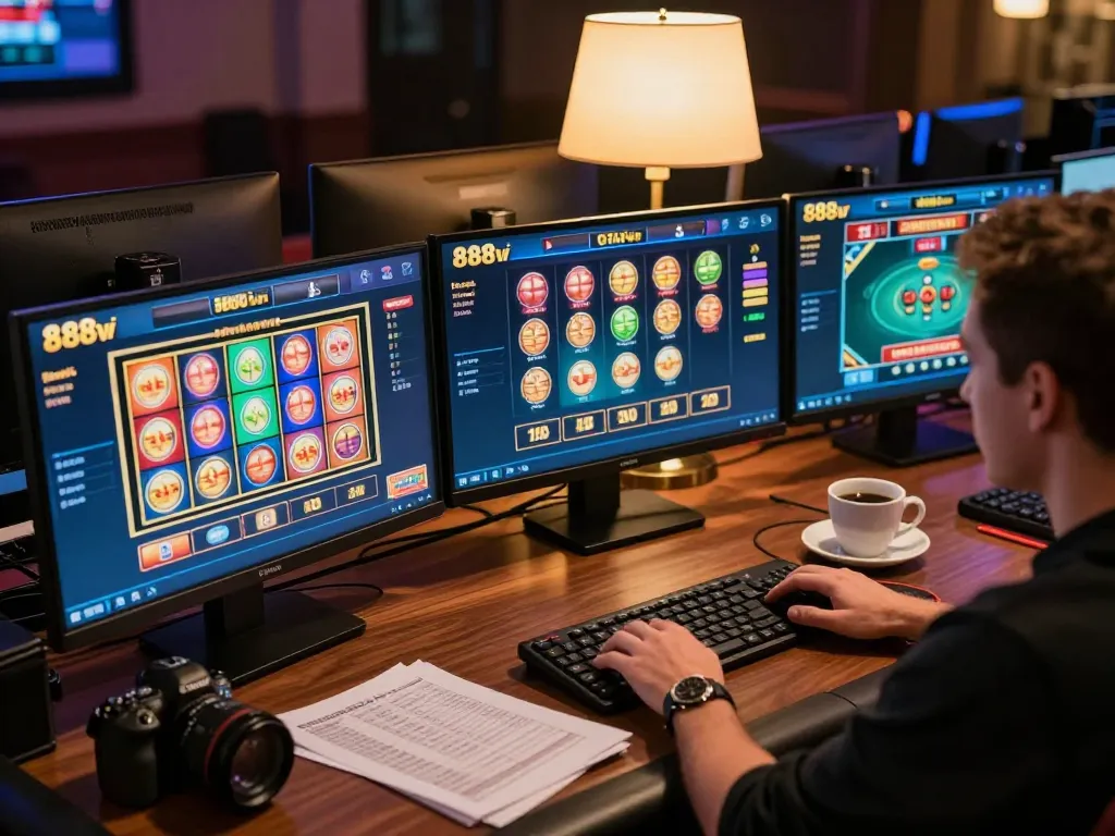 Engaging online gaming scene with multiple screens of 888vi showing various casino games for strategic gameplay.
