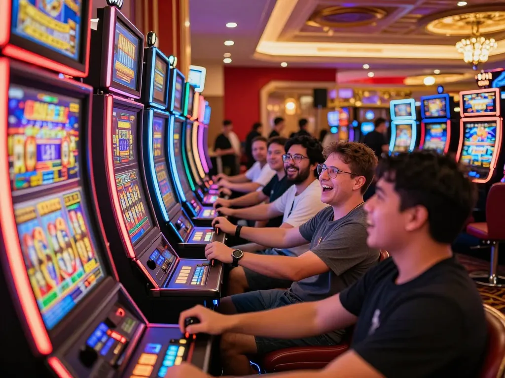Exciting players winning at colorful 8xbet slot machines in a lively casino.