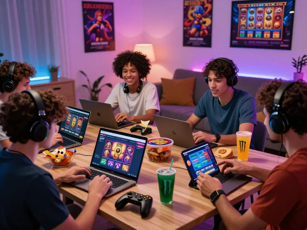 Excited players exploring Zeus138 online gaming platform with laptops and snacks in a lively atmosphere.