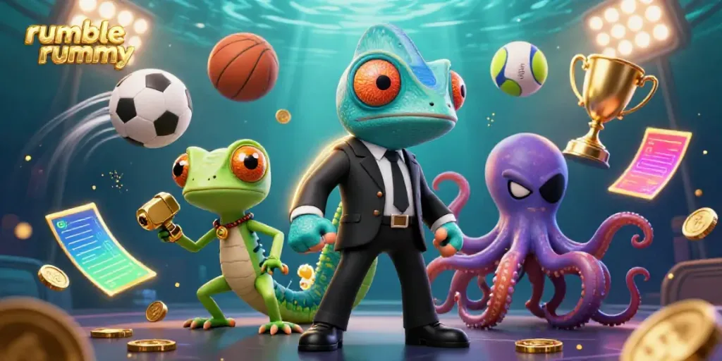 Experience the excitement of rumble rummy with a vibrant scene featuring a secret agent chameleon, gadgets, and dynamic gaming elements.