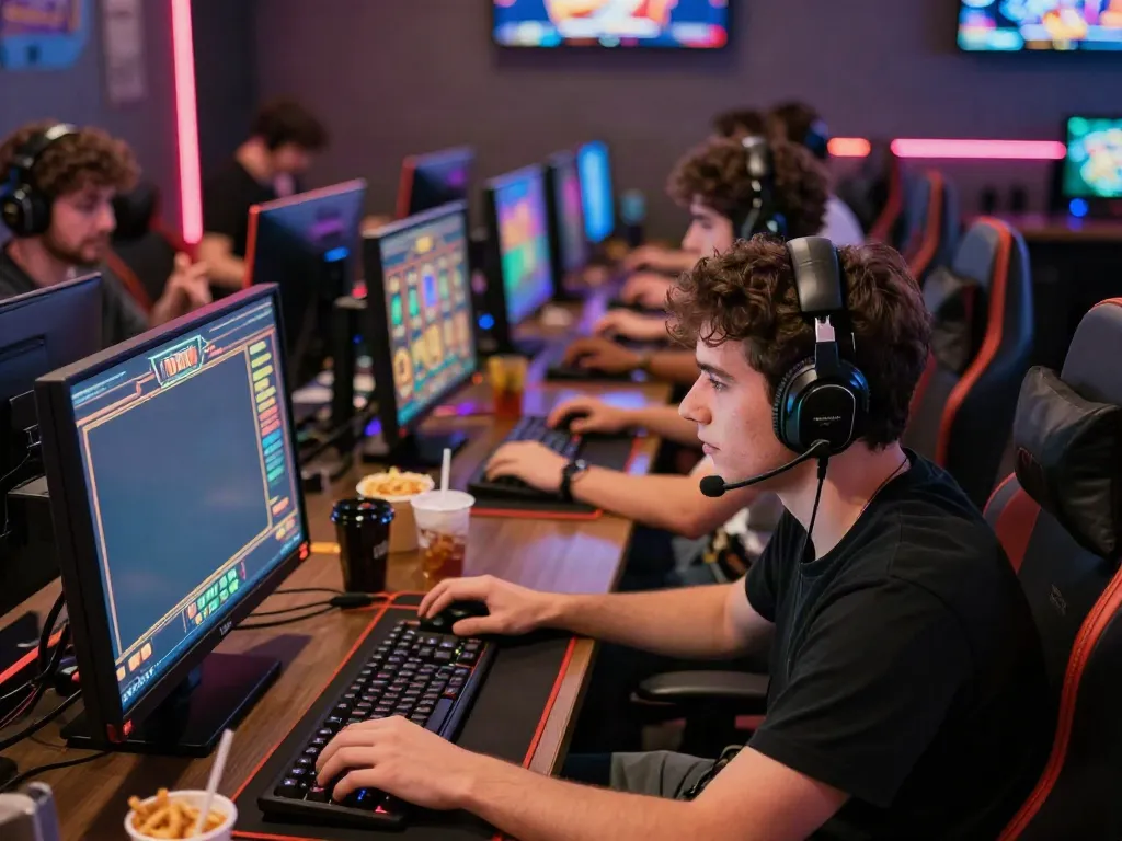 Engaged players at akunjp online slot gaming lounge enjoying vibrant games.