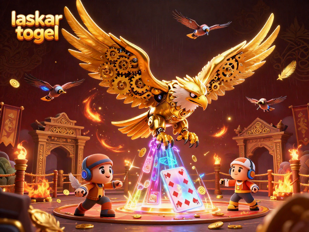 Experience thrilling gambling with laskar togel featuring cybernetic eagle and playing cards.