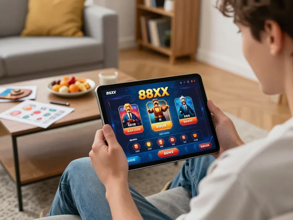 Engaging in online gaming at 88xx, a user enjoys a thrilling casino experience in a cozy home setting.