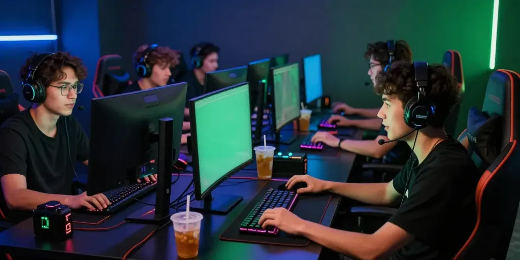 Gamers immersed in intense gameplay and strategy sessions at their setups, embodying the essence of akunjp's gaming culture.