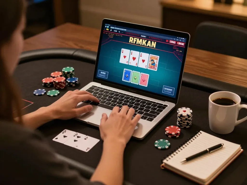 uu88 player engaging in online poker on a laptop at home, showcasing strategic betting