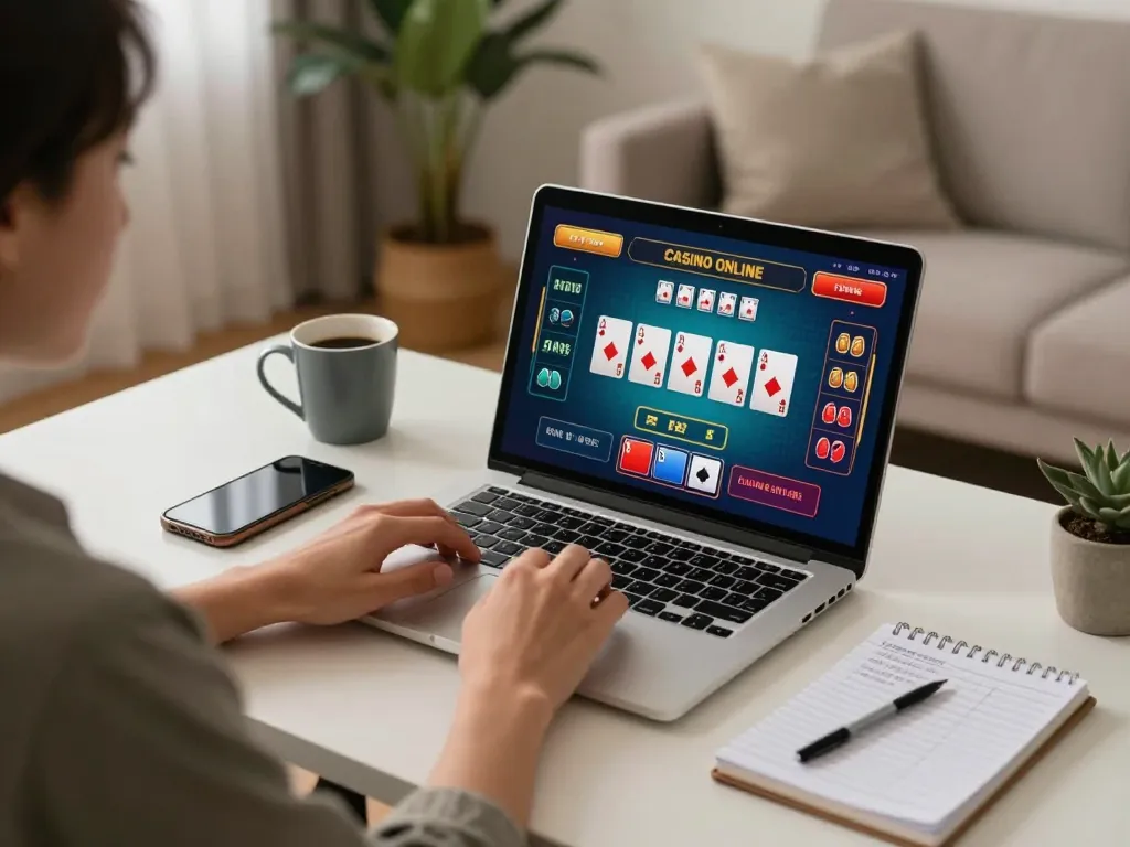 Engaging in Casino Online gameplay on a laptop in a cozy home setting, featuring baccarat interface.