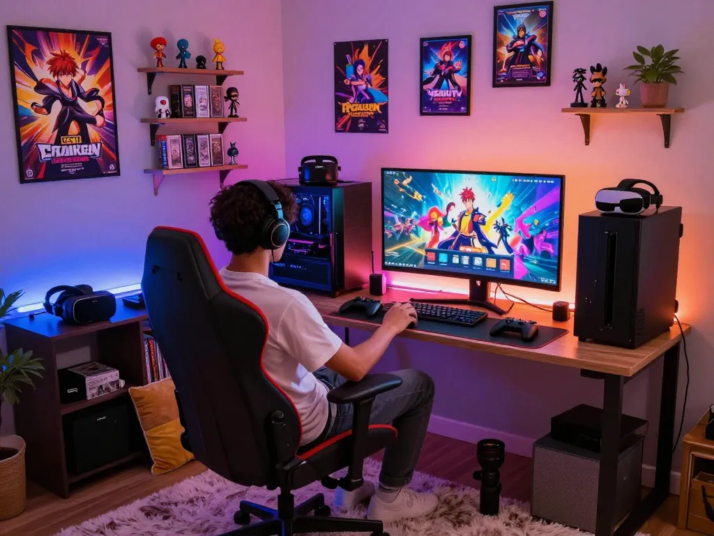 Engaging setup for playing porngames in a cozy gaming environment featuring colorful visuals and accessories.