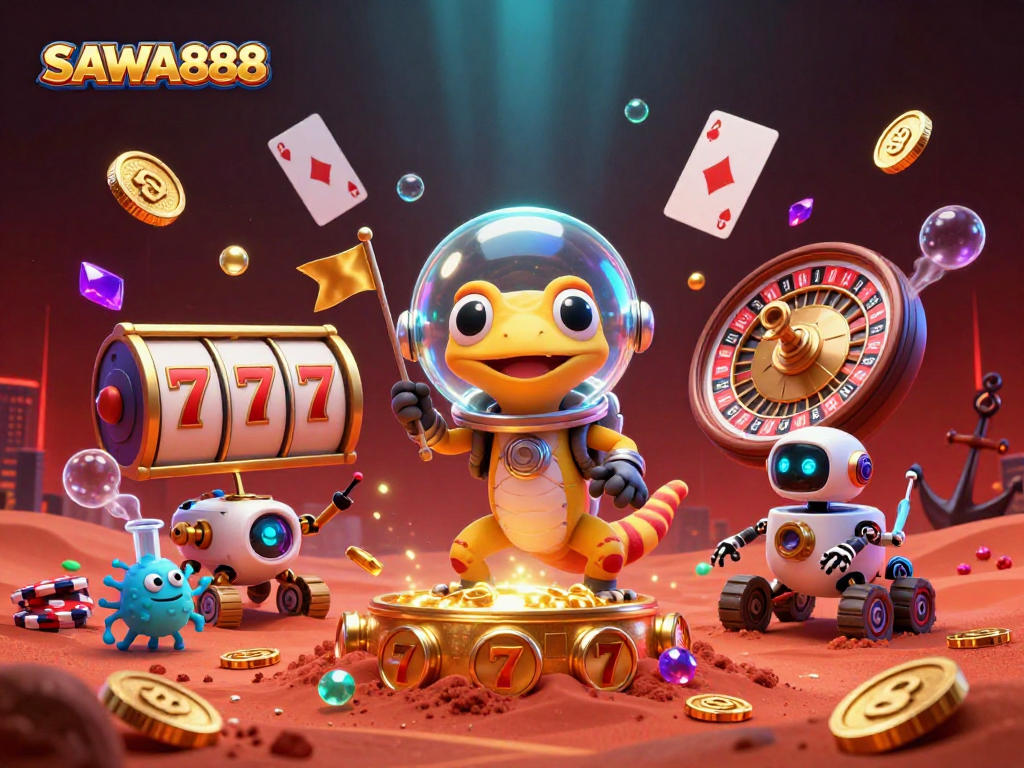 Experience thrilling wins at SAWA888's vibrant casino atmosphere with dynamic slot reels and lucky 7s.