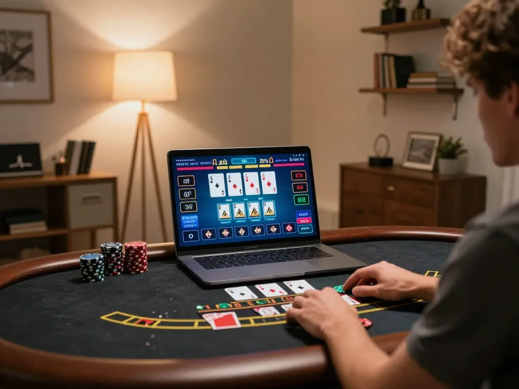 Engaging in live dealer blackjack link vào with vibrant online gameplay and cozy home office setting