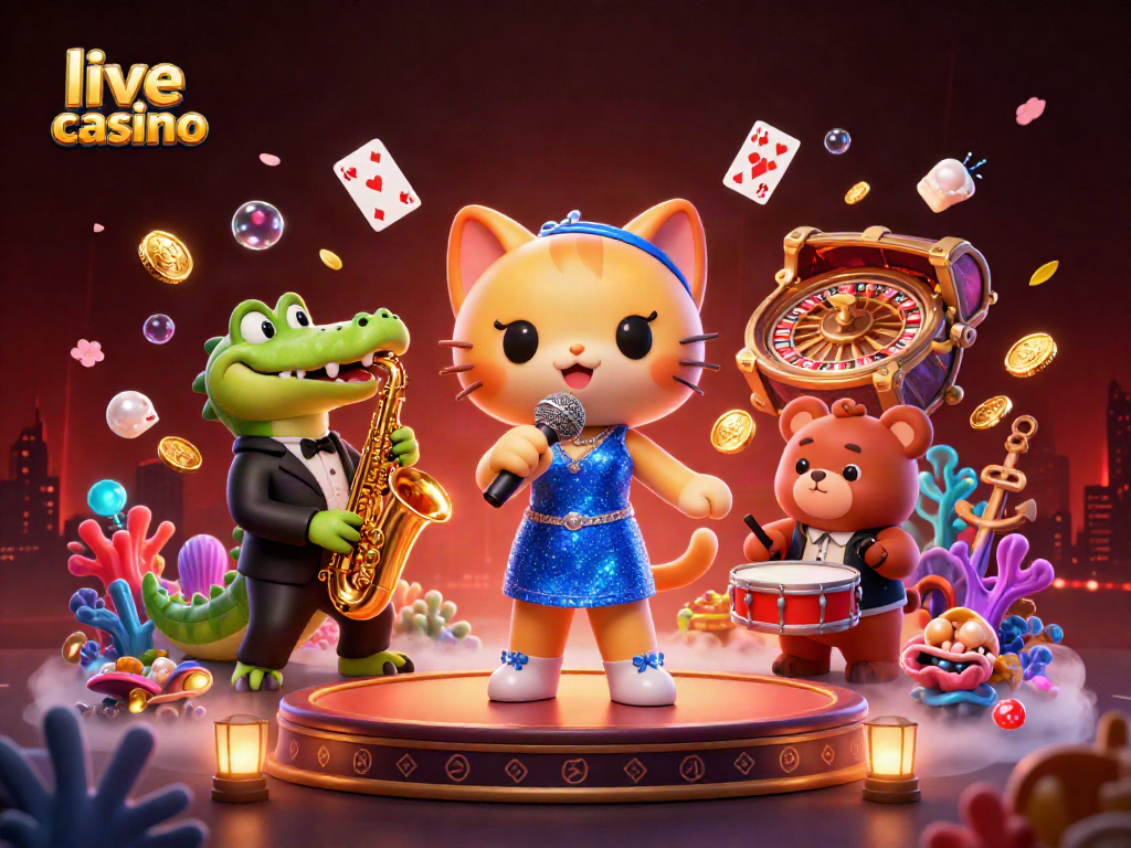 Experience thrilling live casino action with a 3D jazz-singer cat, saxophonist crocodile, and drum-playing bear!