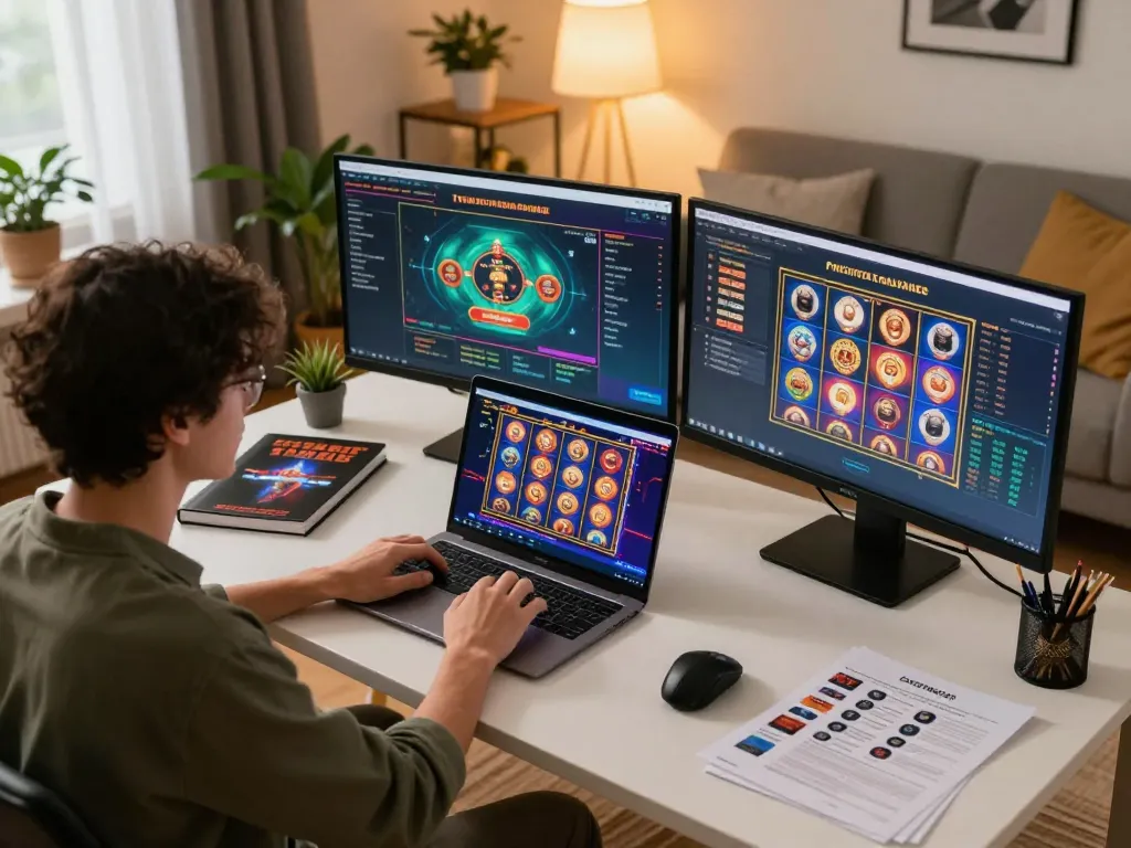 mm88 gaming setup with player focused on vibrant slot game in modern home office environment.