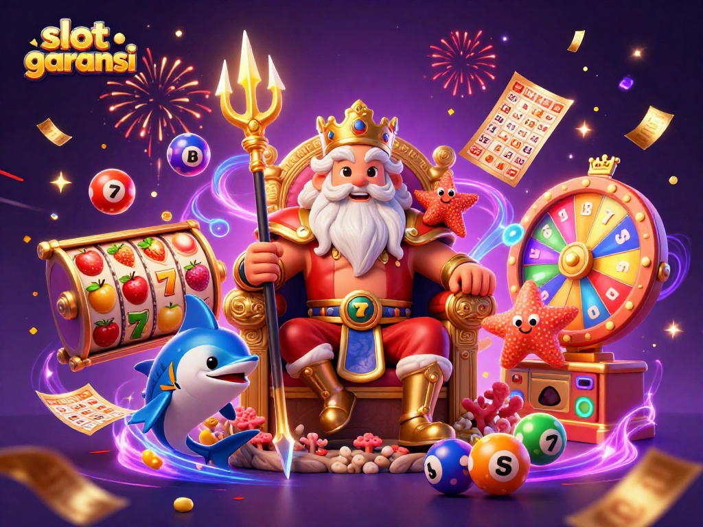 Engage with slot garansi featuring Neptune and dynamic gaming elements in a vibrant casino illustration.