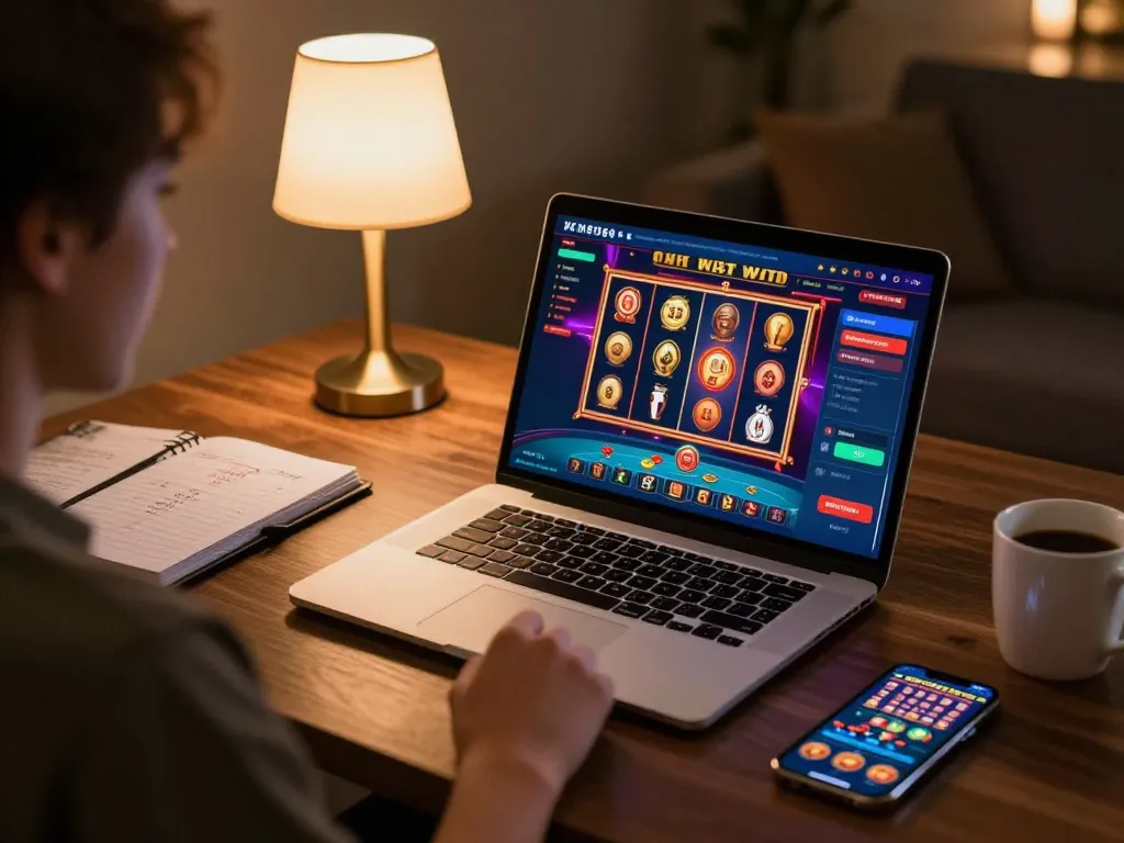 Engaging i9BET online gaming scene with a player focused on a vibrant casino interface on their laptop.
