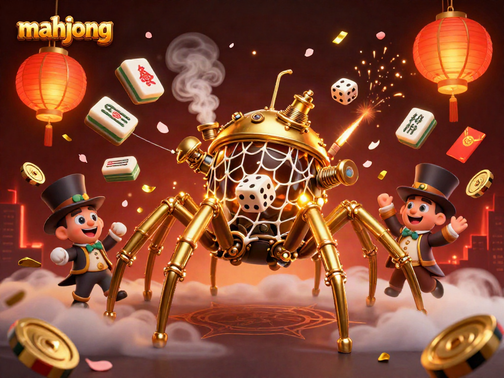 Play mahjong with an adventurous steampunk-themed spider and vibrant casino elements.
