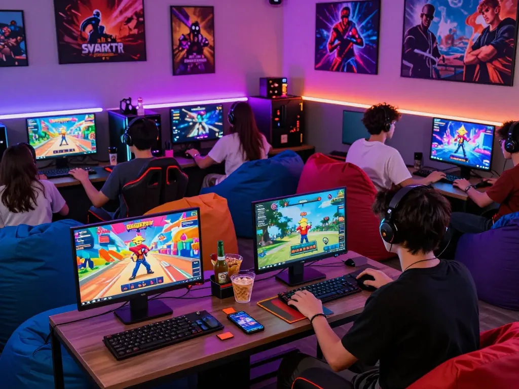 Friends playing porngames together in a vibrant gaming lounge.