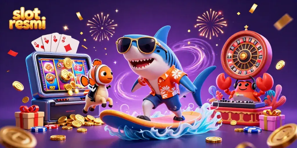 Experience slot resmi excitement with a shark surfing gold coins and colorful slot games.