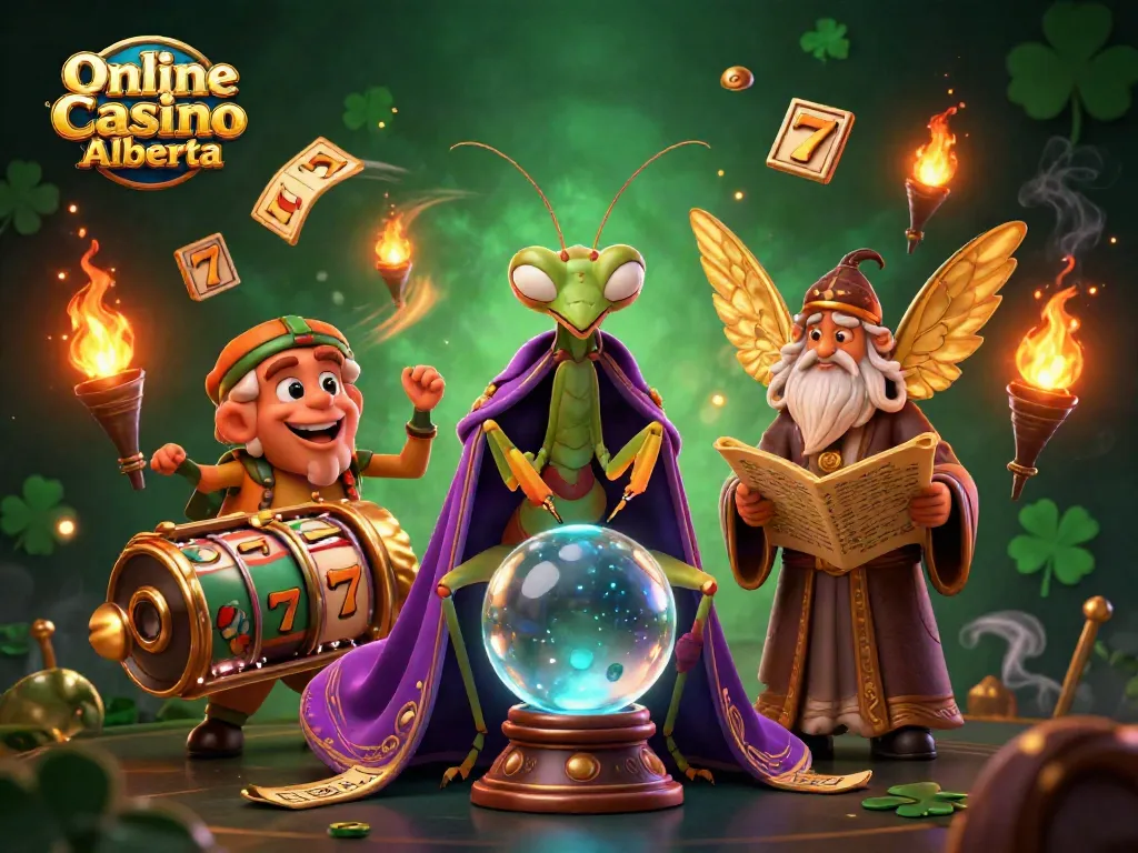 Experience the thrill at Online Casino Alberta with 3D characters engaging in jackpot slots and fortune telling.