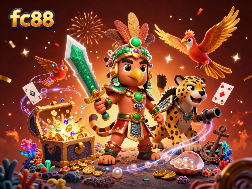 Experience thrilling gameplay with fc88 in this vibrant casino-themed illustration featuring Aztec warriors.