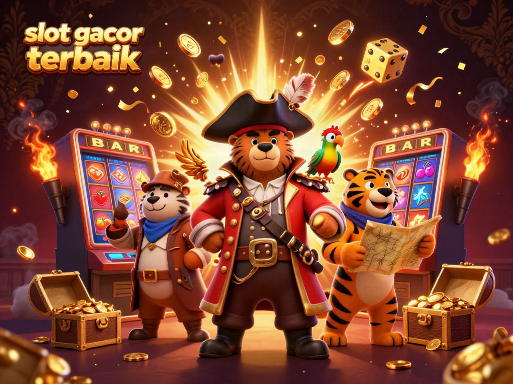 Menangkan jackpot dengan slot gacor terbaik dalam ilustrasi menarik tiga karakter kartun 3D.