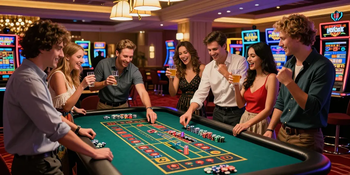 Friends celebrating excitement at AA88 BET roulette table in a lively casino atmosphere