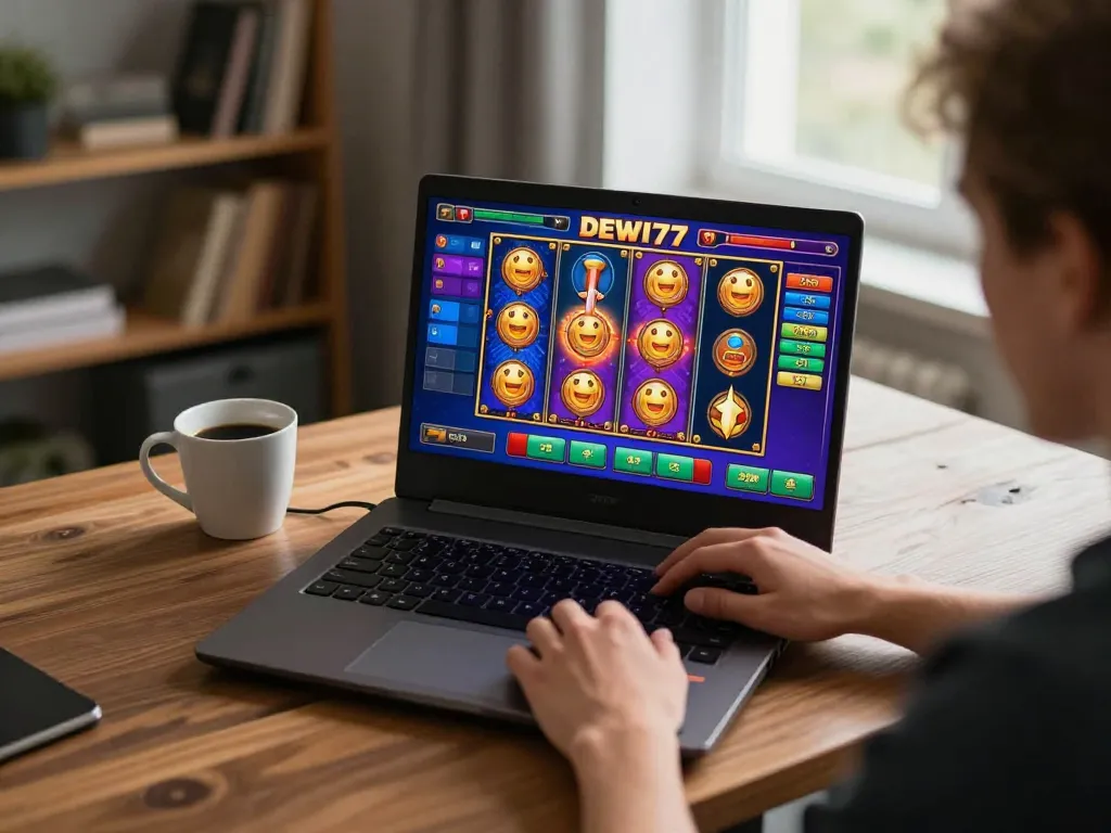 Pemain yang terlibat dengan permainan kasino online DEWI77 di laptop bergaya di rumah, menampilkan pengalaman bermain yang mendalam