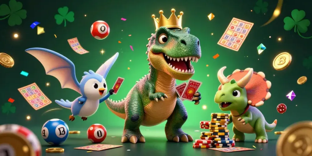 Engage in the fun of laskar togel with a dynamic scene featuring a T-Rex and triceratops in a lottery atmosphere.