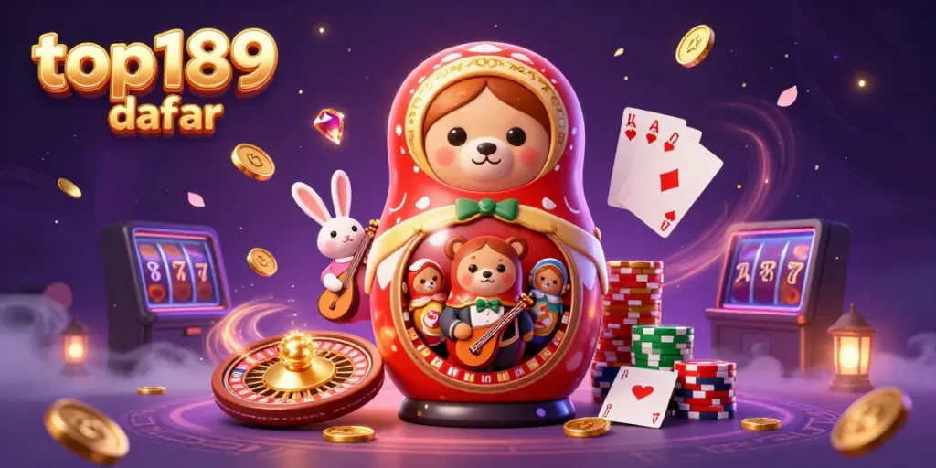 Experience top189 daftar with vibrant 3D casino-themed illustration of playful casino elements and characters.