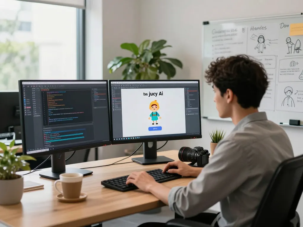 Dynamic tech workspace focusing on juicy ai character development with coding screens and collaborative energy